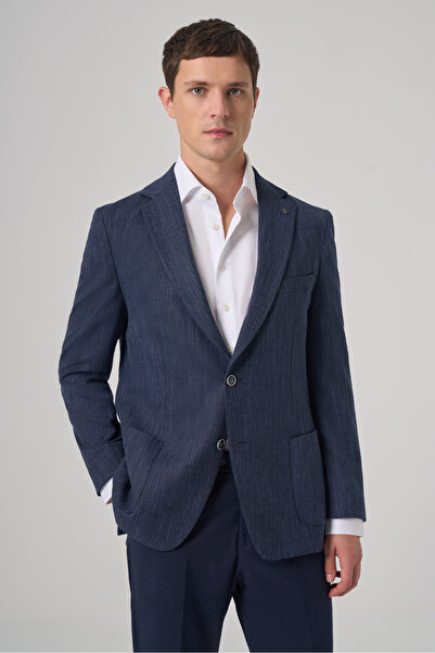 Morven Men's Marine Polyviscon Trend Patterned Dynamic Fit Mono Collar Jacket