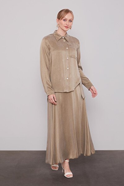 Levidor Khaki Cross Button Detail Cupra Skirt Set