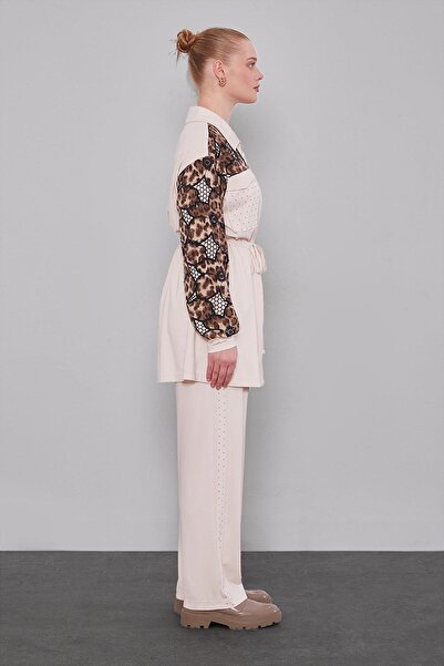 Levidor Beige Leopard Sleeve Patterned Double Set