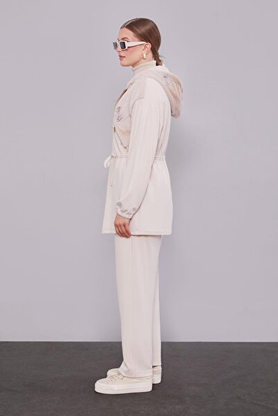 Levidor Cream Rose Detailed Waist Gathered Two-Piece Set