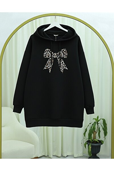 Modamorfo Bow Detailed Hooded Combed Cotton Sweatshirt -Black