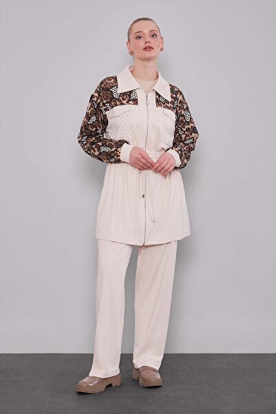 Levidor Beige Leopard Sleeve Patterned Double Set