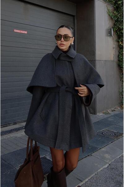 Havoş Anthracite Cape Detailed Belted Cashmere Coat