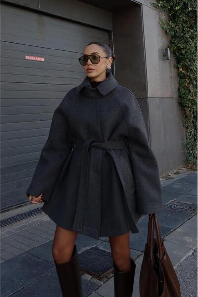 Havoş Anthracite Cape Detailed Belted Cashmere Coat