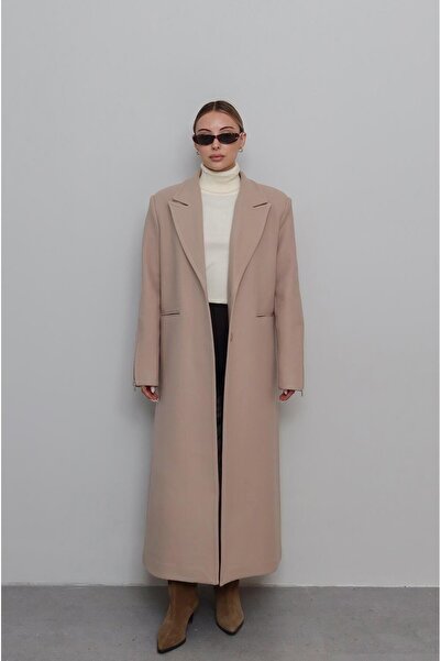 Havoş Dark Beige Coat with Zipper Detail on the Sleeves