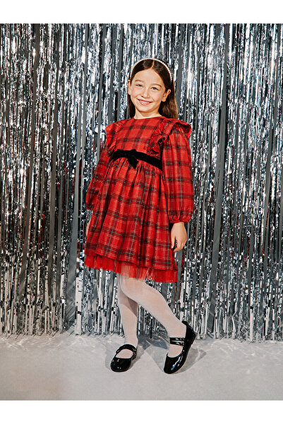 LC Waikiki Red Crew Neck Plaid Print Girls Dress Dress