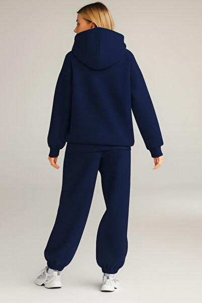 LUMİZA Women's Navy Blue Oversized Hooded Thick Tracksuit Set with Fleece Inside