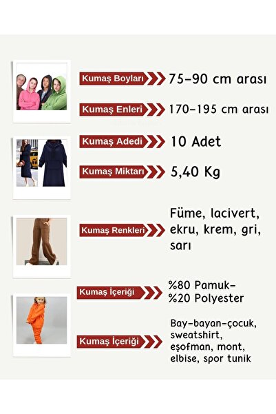 Yiğit Kumaş Fleece-Lined 3-Thread Fabric Set, 10 Pieces between 75-90 cm in Height