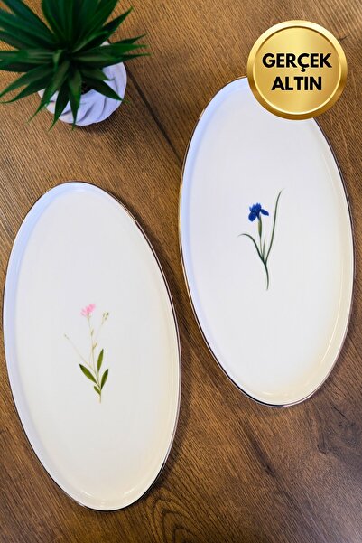 tabakevi Tabak Evi Porselen Natura Karma Altın Yaldızlı Oval Kayık 32,50x17x2,50cm 2 Parça