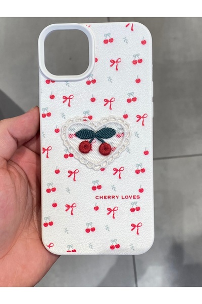 Mee.co Embroidered Cherry Pattern Case Compatible with iPhone 14 Plus and 15 Plus, Cherry Figured Knitted Phone Case