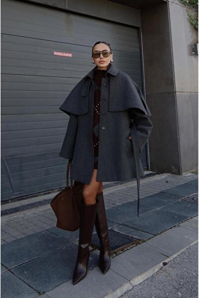 Havoş Anthracite Cape Detailed Belted Cashmere Coat