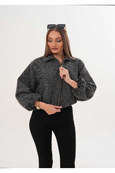 Azra Moda Style Mock Neck Cashmere Fabric Lined Balloon Sleeve Zippered Coat Women