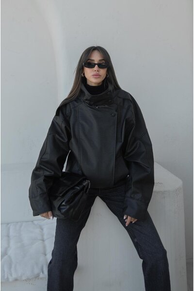 Havoş Mock Neck Faux Leather Jacket with Black Plated Buttons