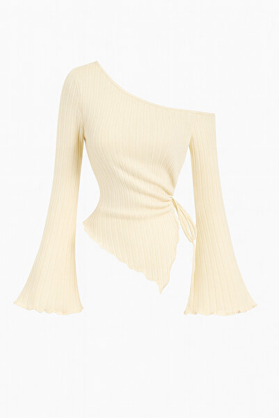 Wild Flower Ecru Asymmetrical One-Shoulder Knit Blouse – Spanish Sleeve, Drawstring Detail