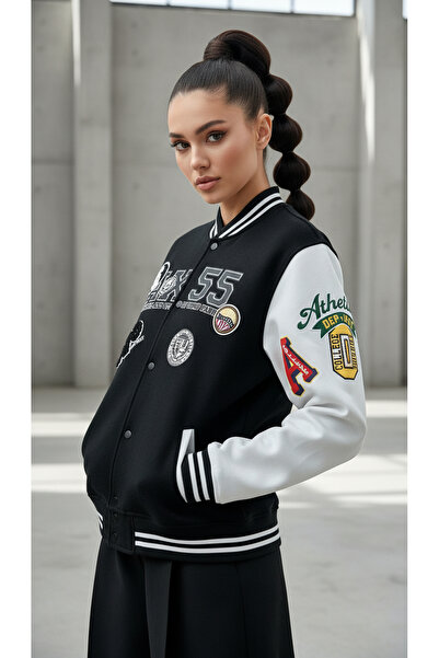 LİBREPRİVE معطف بومبر بتفاصيل مطرزة للجنسين على طراز الكلية قصة فضفاضة