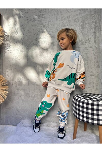 Pinkitokids Di̇no Wild Energy B Printed Boy's Sweatshirt and Sweatpants Set