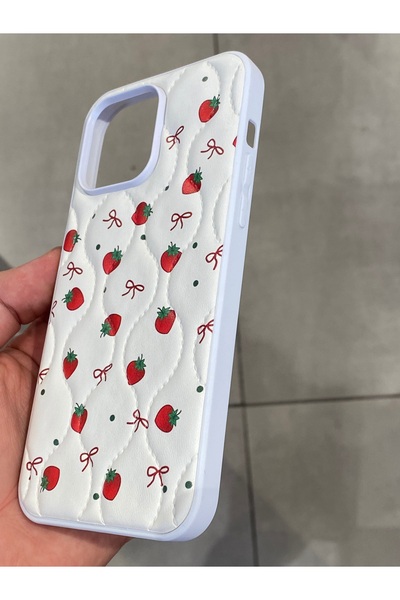 Mee.co iPhone 14 Pro Max Compatible Strawberry Pattern Phone Case Faux Leather Case with Ribbon Pattern Stitching Detail