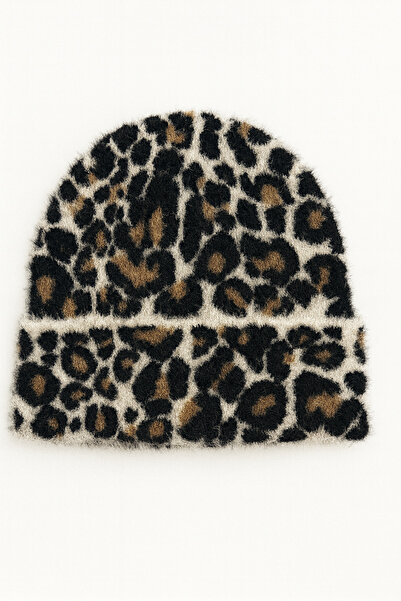 Butik Kadın Yumuşak Dokulu Leopar Desenli Katlamalı Tüylü Akrilik Bere