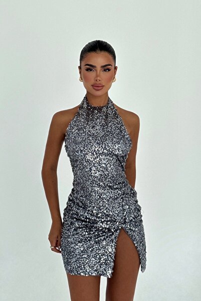 BIGPARTYWEAR Silver Temptation – Gray Sequined Mini Dress with Slit Detail