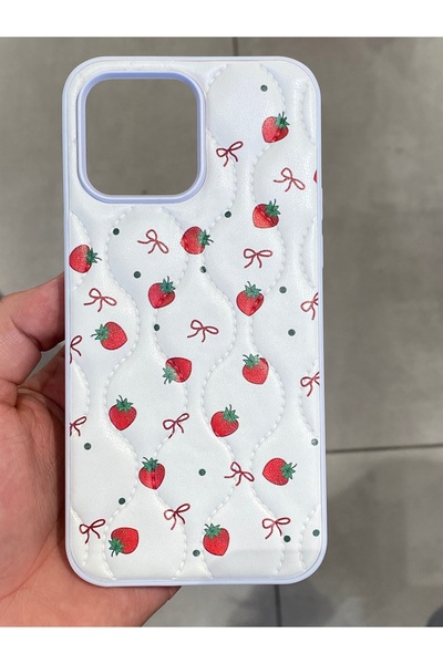 Mee.co iPhone 14 Pro Max Compatible Strawberry Pattern Phone Case Faux Leather Case with Ribbon Pattern Stitching Detail