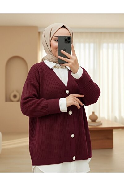 Modamorfo Buttoned Corded Fabric Knitwear Cardigan -Burgundy