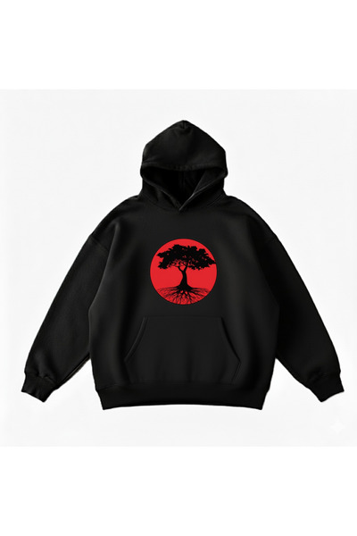 Maki Home Makiteks Black Cotton Unisex Pocketed Hooded Relaxed Fit Landscape Printed Sweatshirt