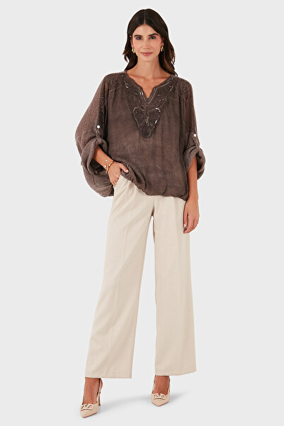 Via Dante Oversized V-Neck Sequin Lace Detailed Blouse Blouse 690822