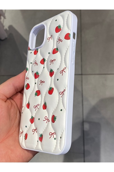 Mee.co Strawberry Pattern Phone Case Compatible with iPhone 14 Plus and 15 Plus, Faux Leather Case with Ribbon Pattern