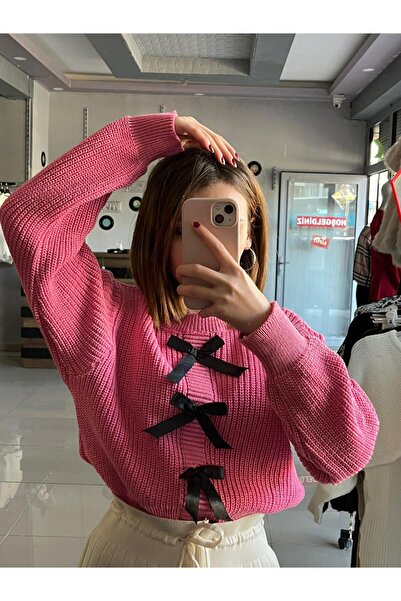 Sublime Butik Дамски розов младежки трикотажен пуловер, декориран с панделка,...