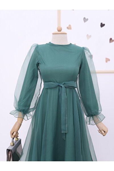 MissRunin Belted Tulle Evening Dress with Puffy Sleeves and Skirt