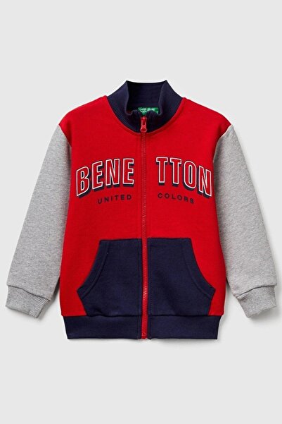 Benetton Erkek Bebek 1-6 Yaş Logo Baskılı Manşetli Hırka Kırmızı