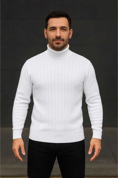buğrahayalin Men's Turtleneck Knitted Sweater Cotton Thick Corded Fabric Weaving, Regular Fit Long K