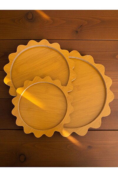 Güneş YILDIZ DESENLİ AHŞAP SUNUMLUK SUNUM TABAĞI 3'lü Set