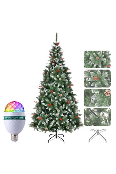 FOTOFUN 1.8m Artificial Christmas Tree with Snow Effect, Pine Cones & Red Berries + RGB Bulb