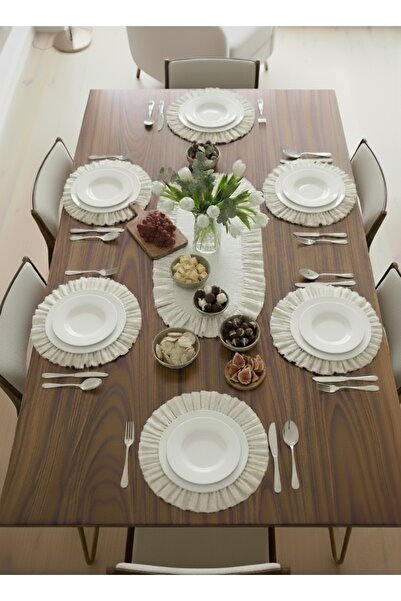 bright moon Ruffle Detailed Runner 30X45 Cm, 6Th Ruffle Detailed Coaster 30X30 cm