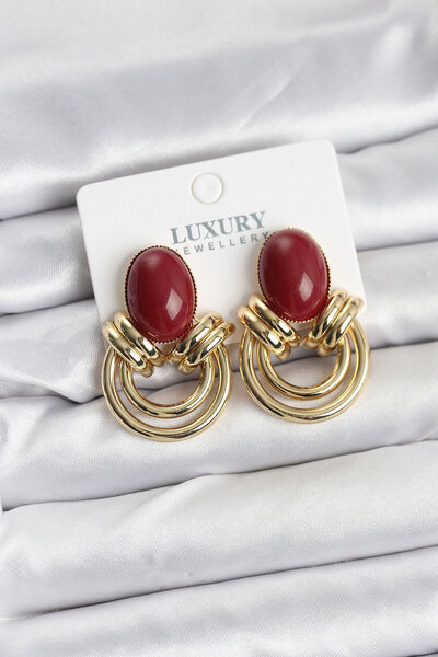 Epilons Brass Gold Color Vintage Women's Earrings with Burgundy Stone - Tj-Bk...