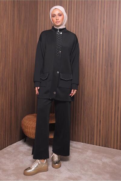 TRENDTESETTÜR Women's Black Pants and Scuba Knitted Suit t 4335