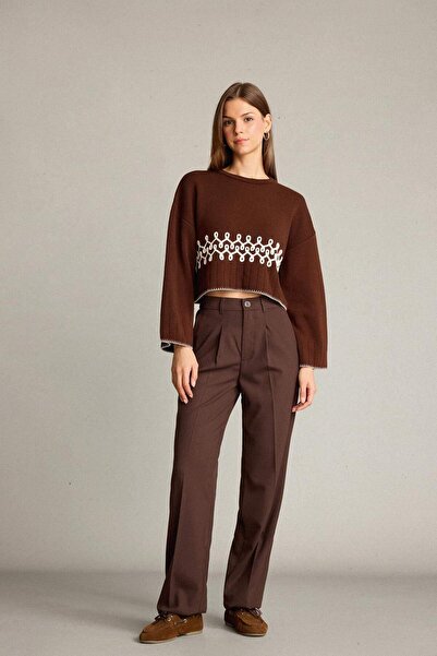 DeFacto Crop Crew Neck Embroidered Knitwear Sweater G6303Ax25Wn