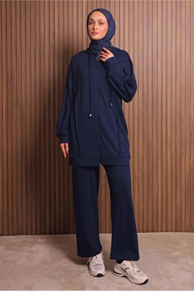 TRENDTESETTÜR Women's Navy Blue Pants with K Hooded Set t 1017