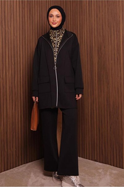 TRENDTESETTÜR Women's Black Pants and Scuba Knitted Suit t 8335