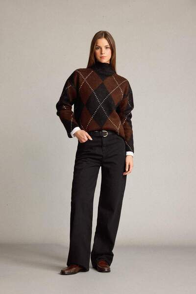 DeFacto Overshirt Fit Half Turtleneck Argyle Pattern Knitwear Sweater G7522Ax25Wn