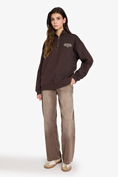 DeFacto Oversized Wide Fit Half Zip Printed Sweatshirt G3716Ax25Wn