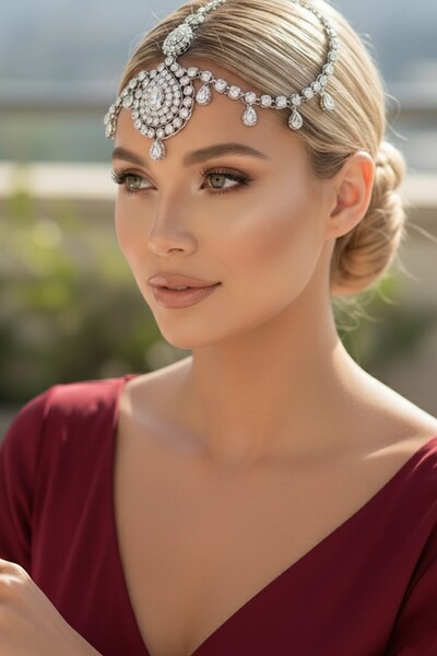 CAŞ DEKORASYON Silver Color Stone Forehead Decoration Henna Accessory