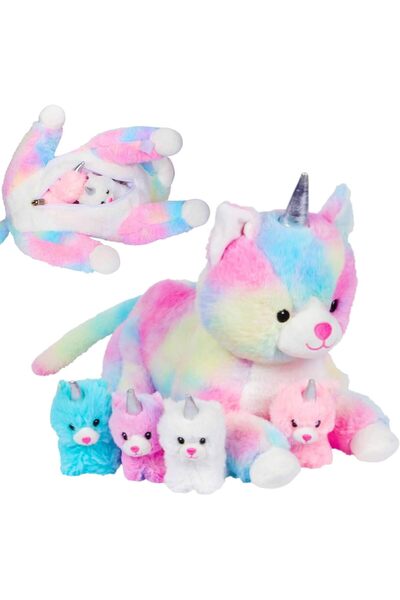 PixieCrush Unicorn Cat Plushie - Mommy Cat Unicorn with 4 Baby Kittens (5 x 10 x 8 in)