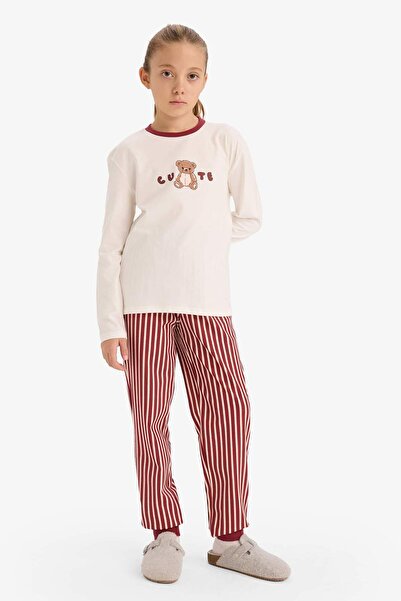 DeFacto Girls Pajama Set Printed Long Sleeve Top Striped Long Bottom F7289A825Au