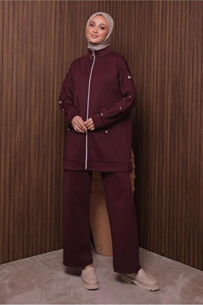 TRENDTESETTÜR Women's Burgundy Pants Suit with Scuba Knitting t 2335