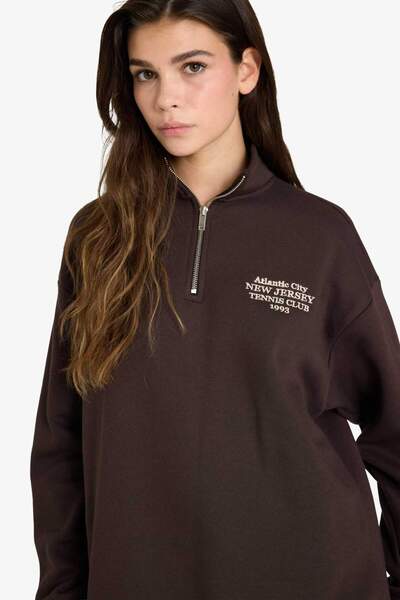 DeFacto Oversized Wide Fit Half Zip Printed Sweatshirt G3716Ax25Wn