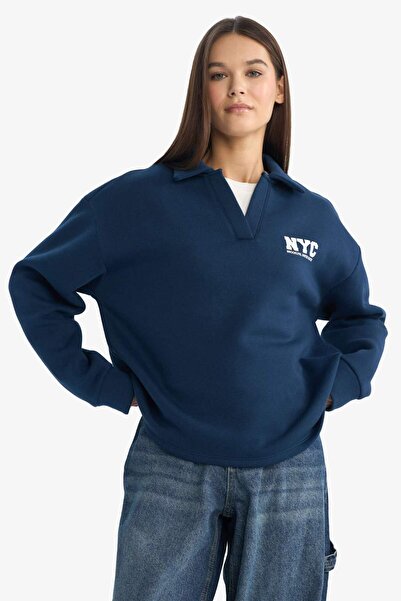 DeFacto Coool Oversized Wide Fit Polo Neck Printed Sweatshirt G3721Ax25Wn