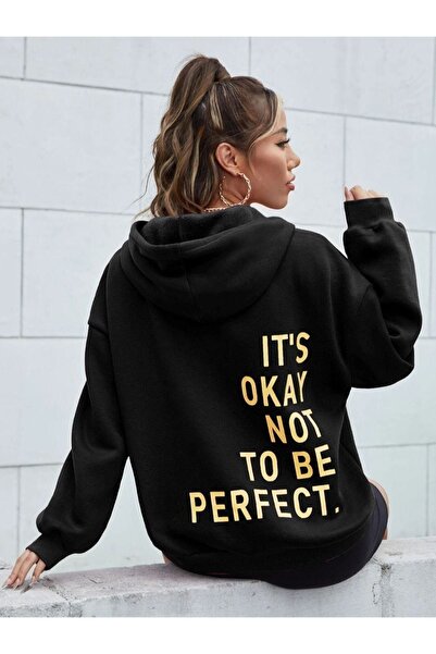 RASCHA Hanorac supradimensionat cu glugă, unisex, negru, imprimat Its Okey