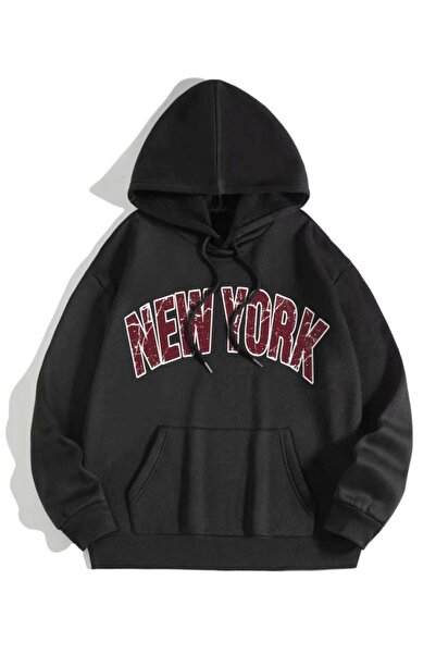ORLONTEX Unisex Μαύρο φούτερ με στάμπα New York με κουκούλα oversize